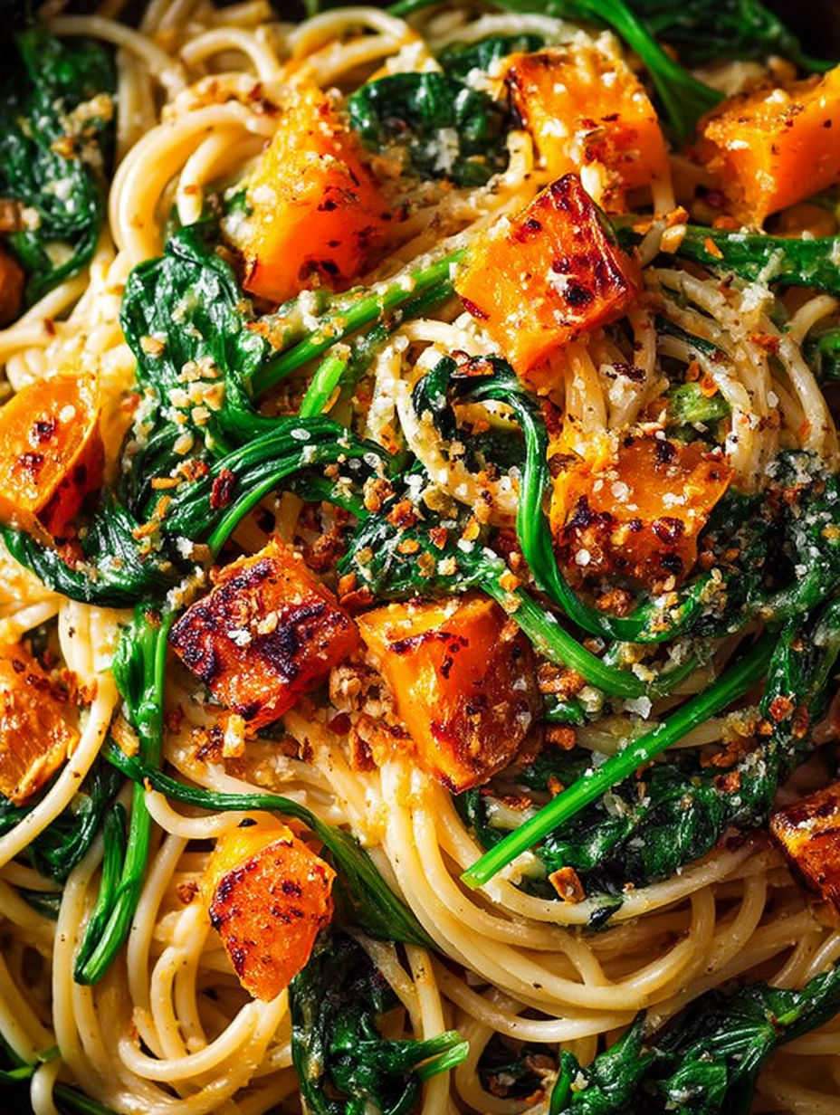 A bowl of spaghetti with pumpkin, spinach and walnuts.