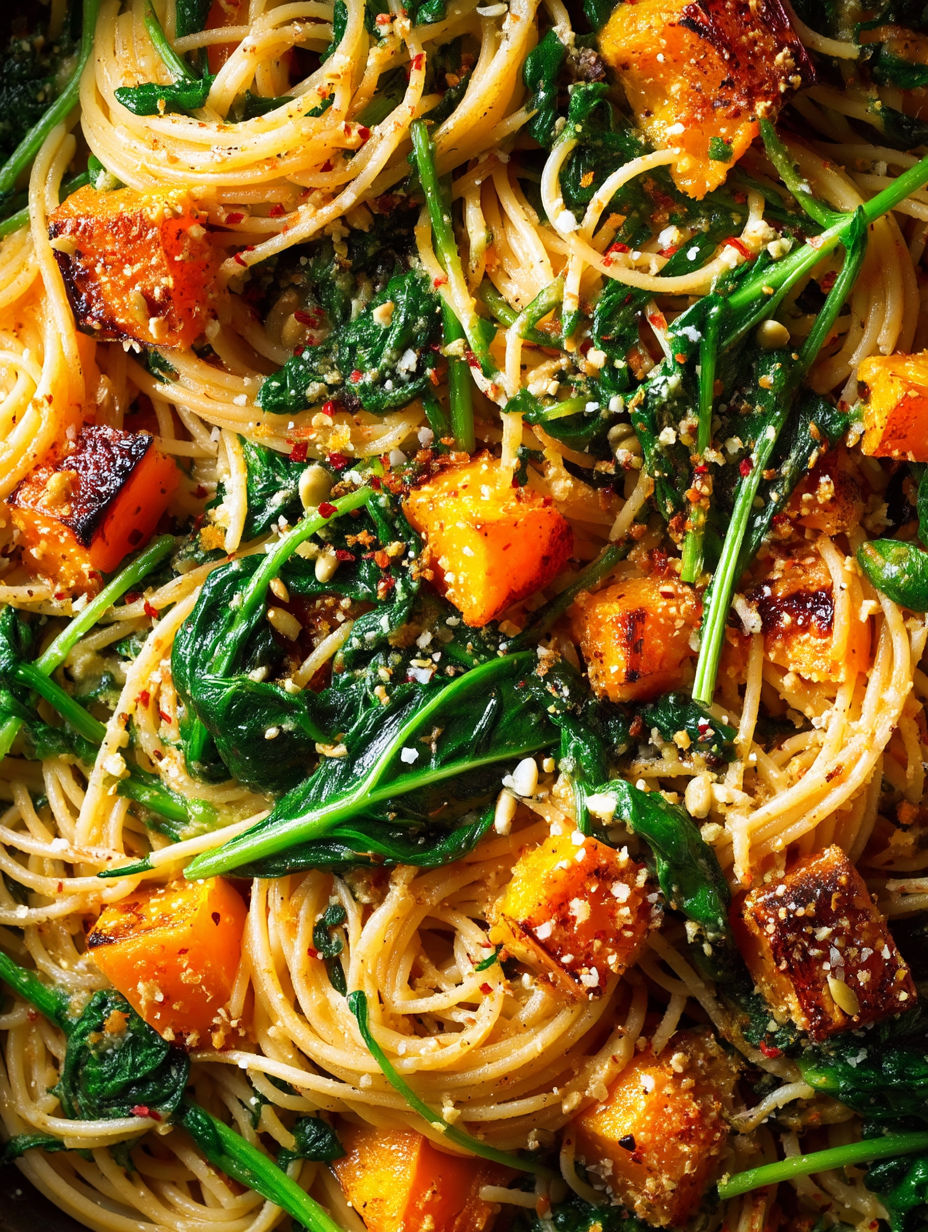 A dish of spaghetti with pumpkin, spinach and walnuts.