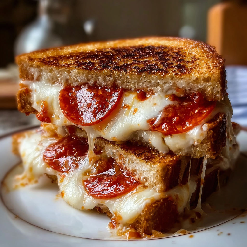 A grilled cheese sandwich with pepperoni.