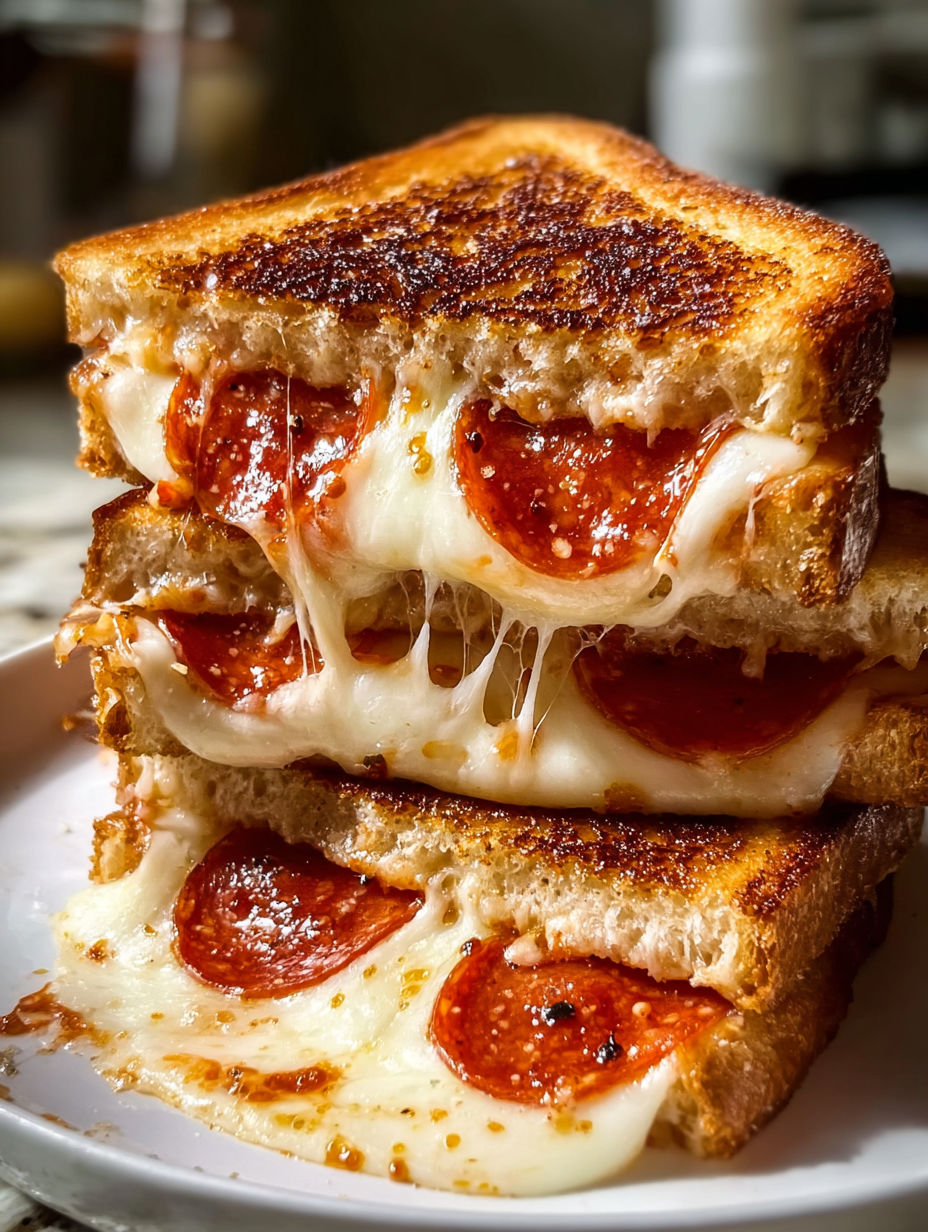 A stack of two grilled cheese sandwiches with pepperoni.