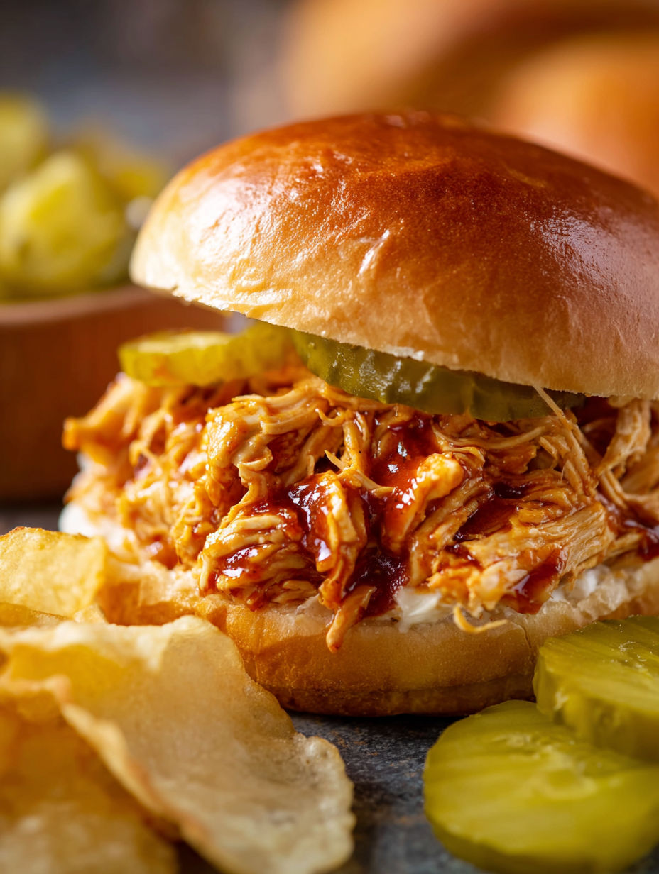A close up of a crock pot shredded Nashville hot chicken sandwich.