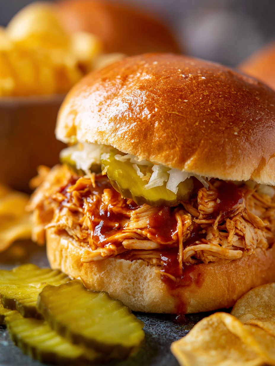 A close up of a sandwich with shredded chicken and pickles.