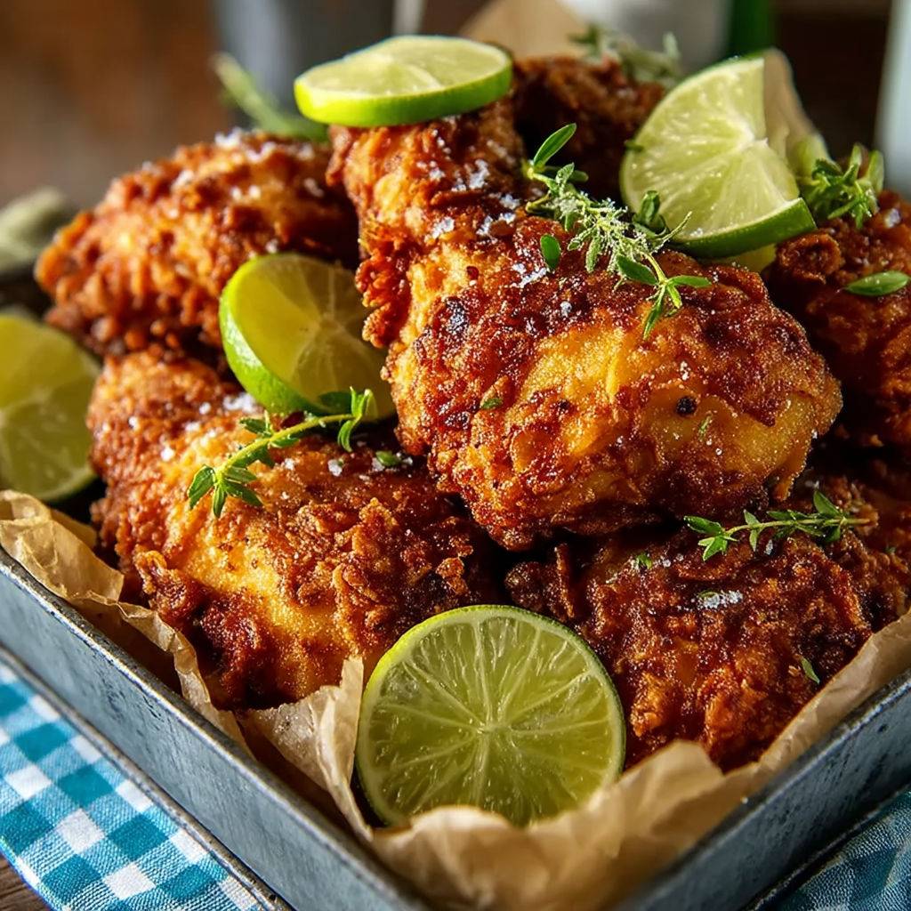 A plate of chicken with limes on top.