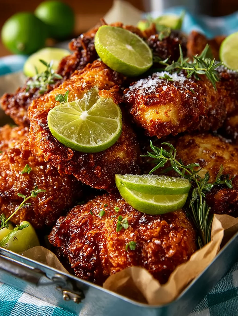 A plate of chicken with limes on top.