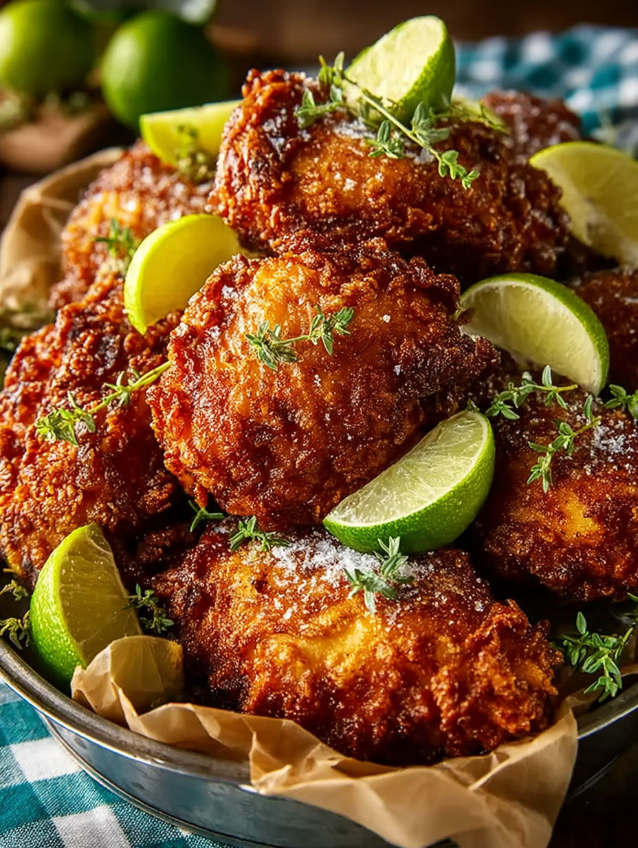 A plate of fried chicken with limes on top.