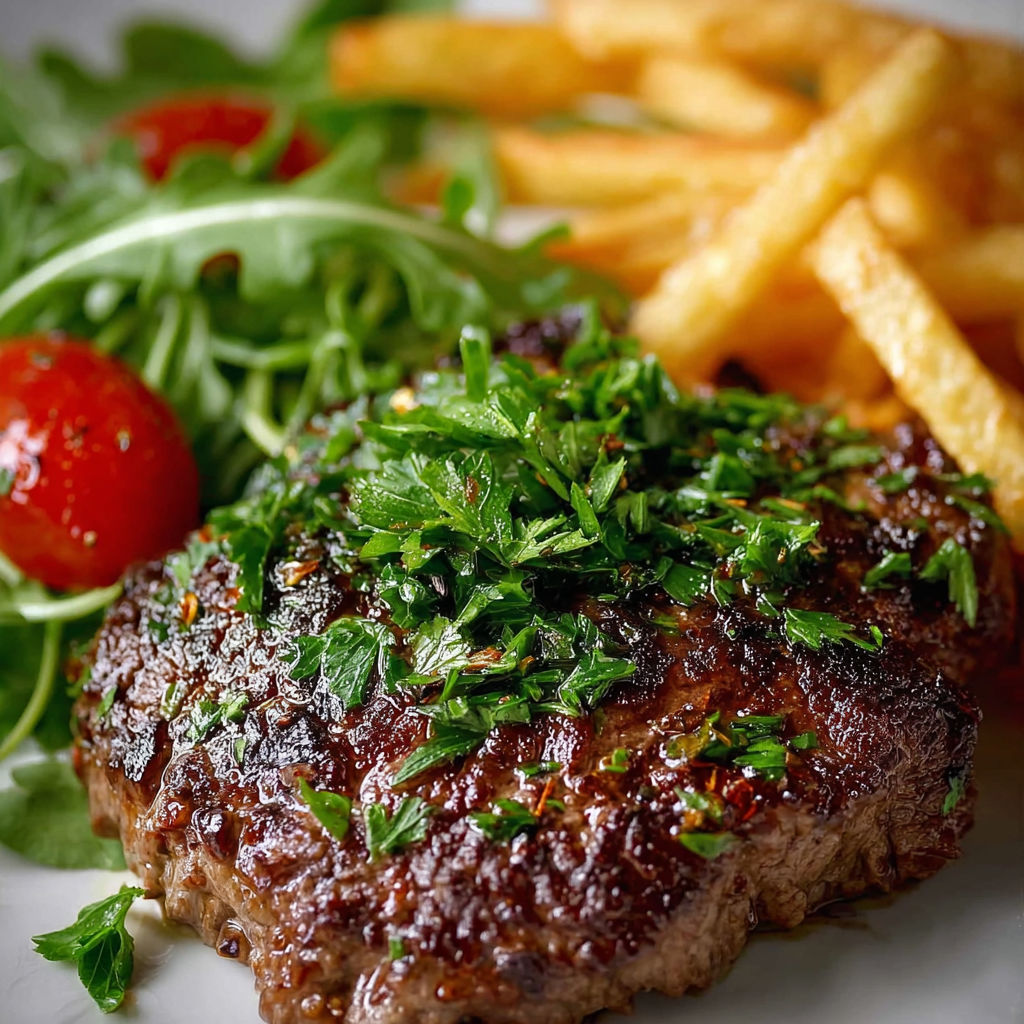 A plate of food with a steak, salad, and fries.