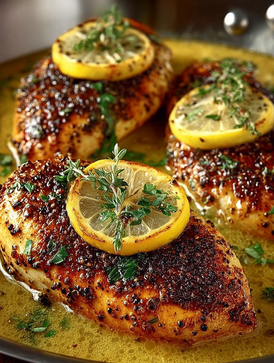 A lemon pepper chicken dish with a lemon slice on top.