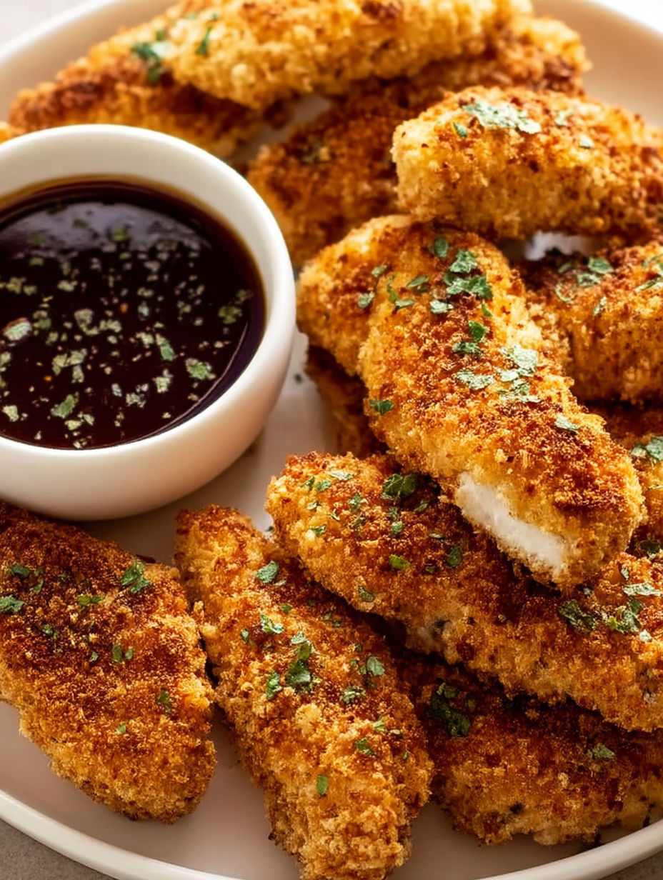 A bowl of sauce with baked chicken tenders.
