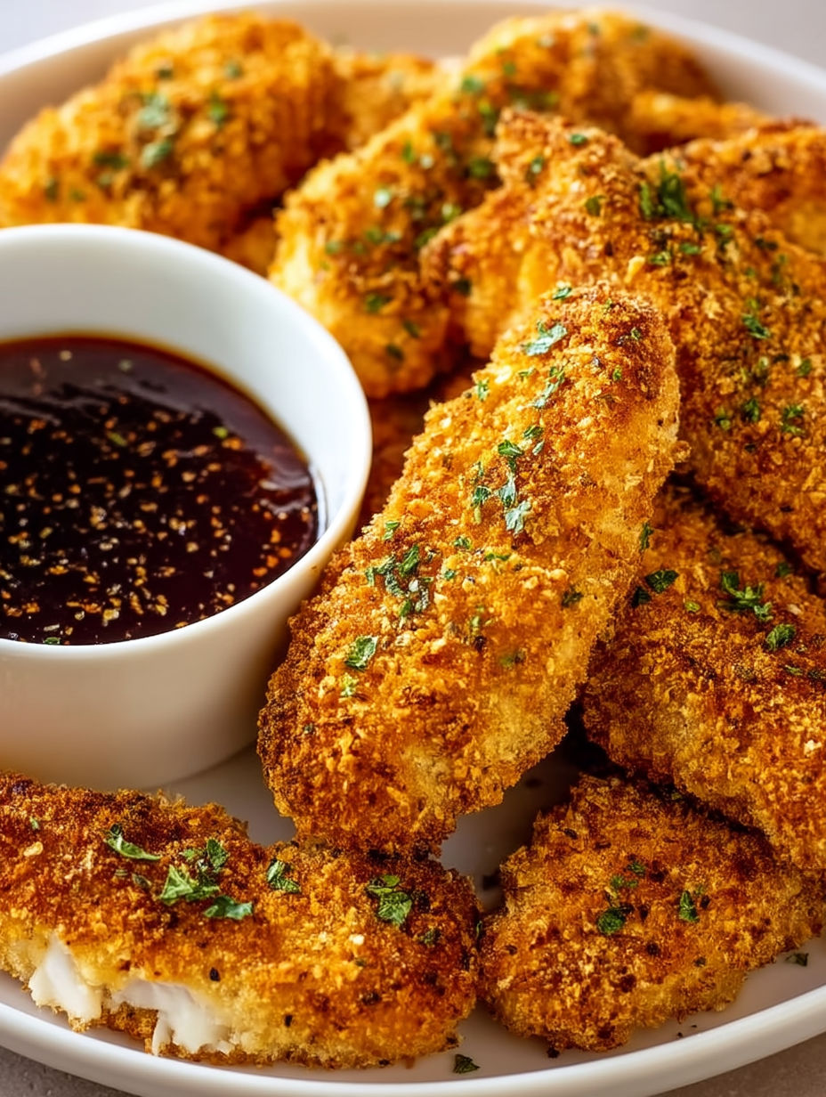 A bowl of baked chicken tenders with a dipping sauce.