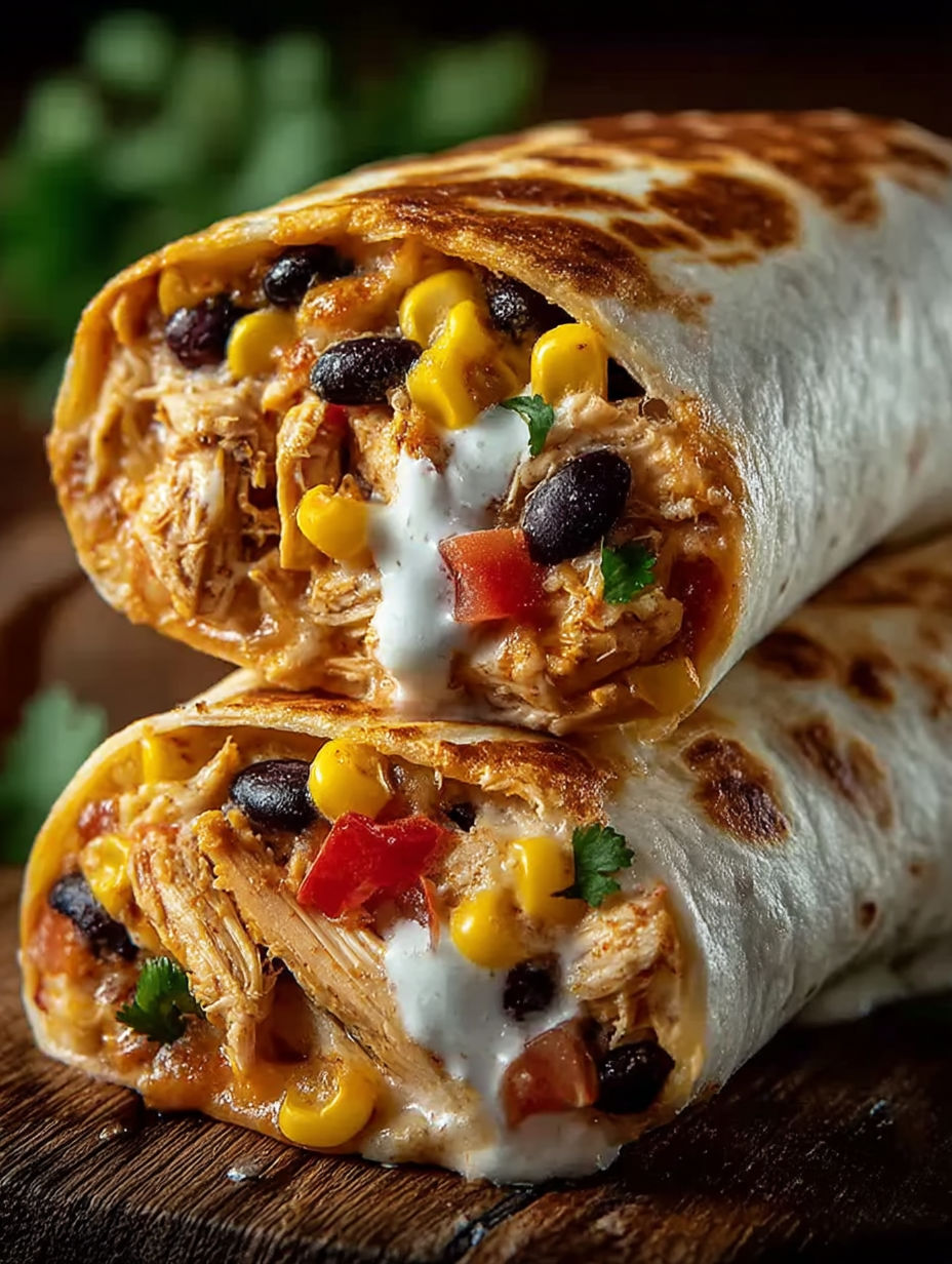 Two burritos filled with chicken and vegetables.
