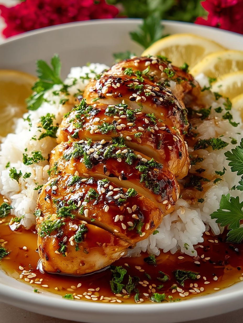 A plate of chicken with rice and lemon wedges.
