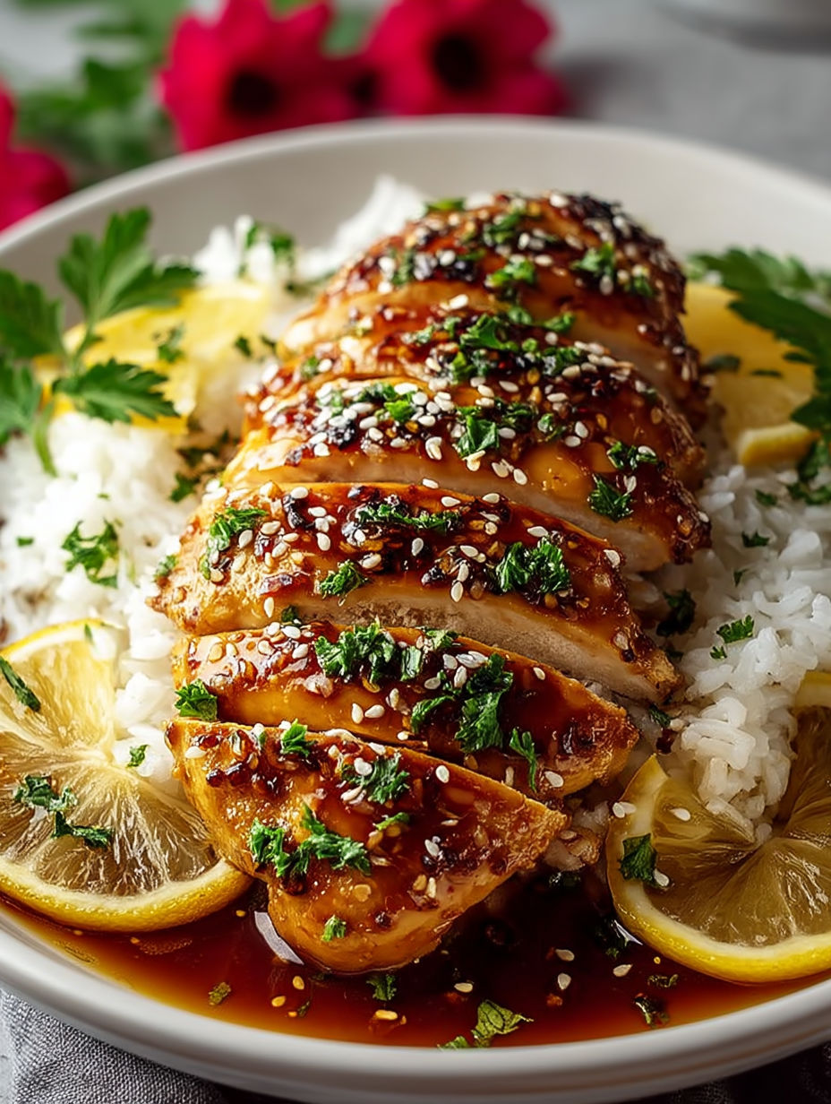 A plate of chicken with rice and lemon wedges.
