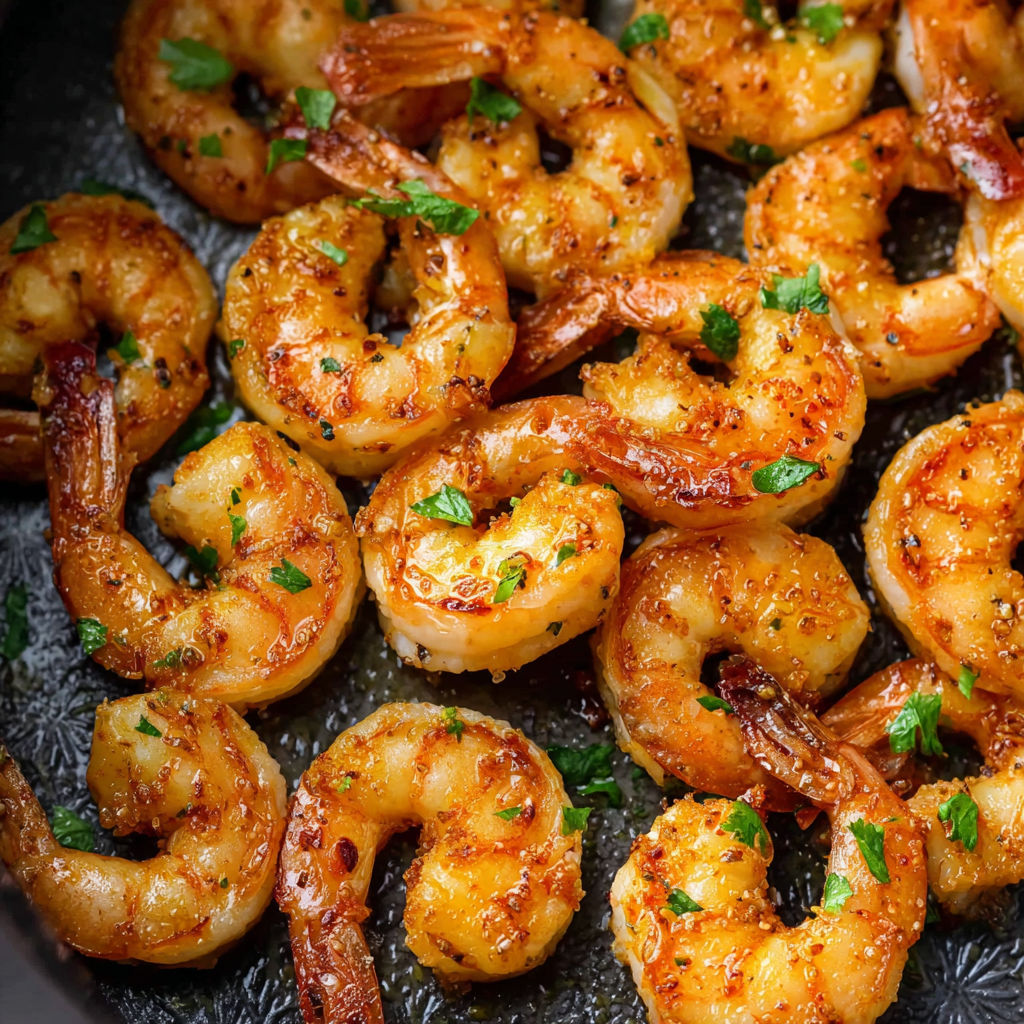 A pan of shrimp with a green herb on top.