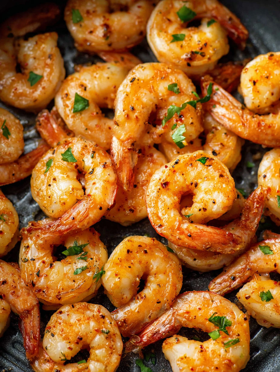 A close up of shrimp in an air fryer.
