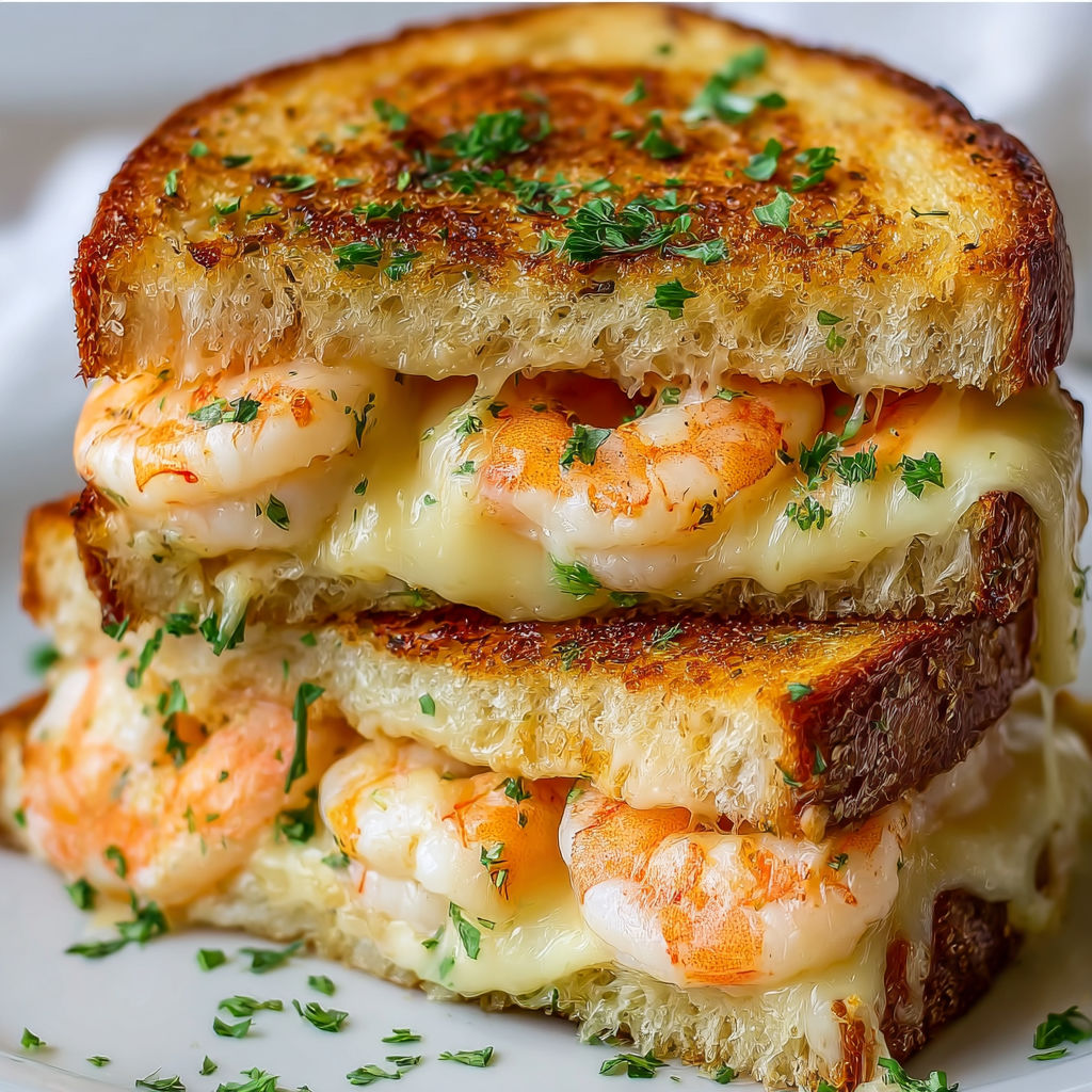 A grilled cheese sandwich with shrimp and garlic.