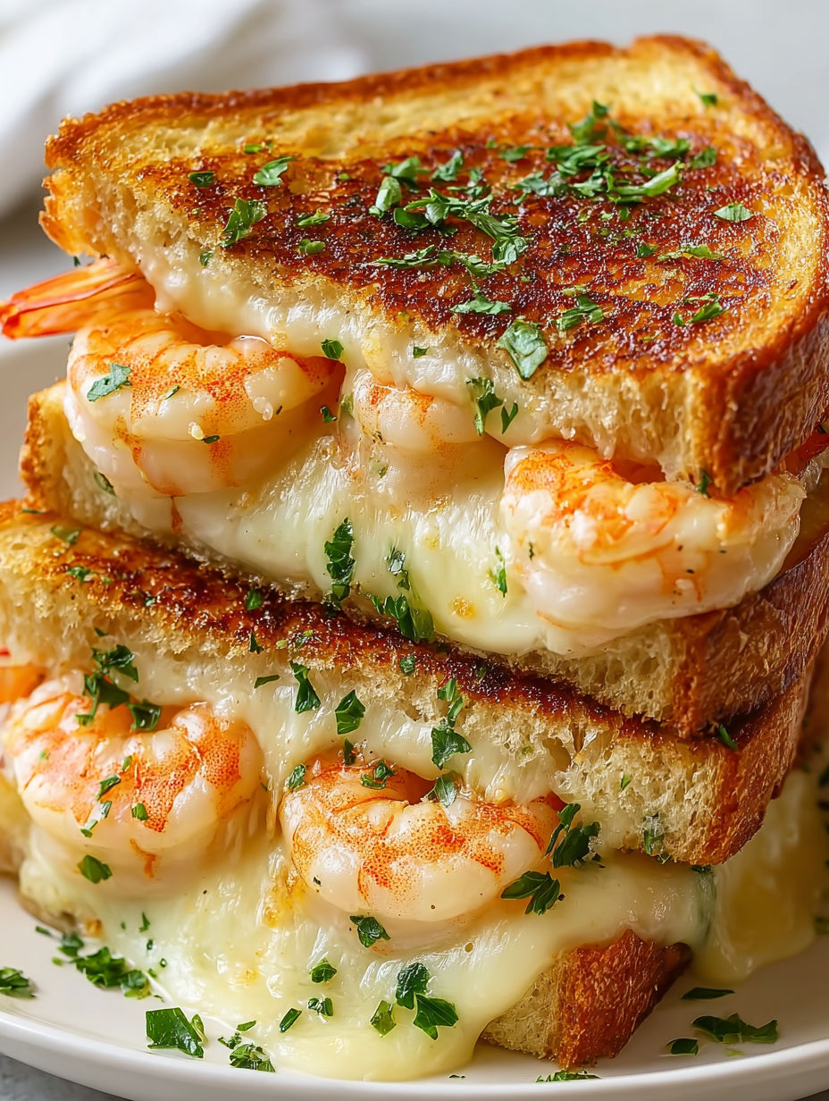 A grilled cheese sandwich with shrimp on top.