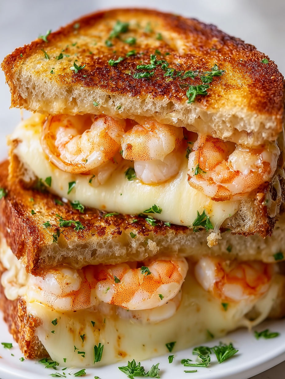 A stack of grilled cheese sandwiches with shrimp.