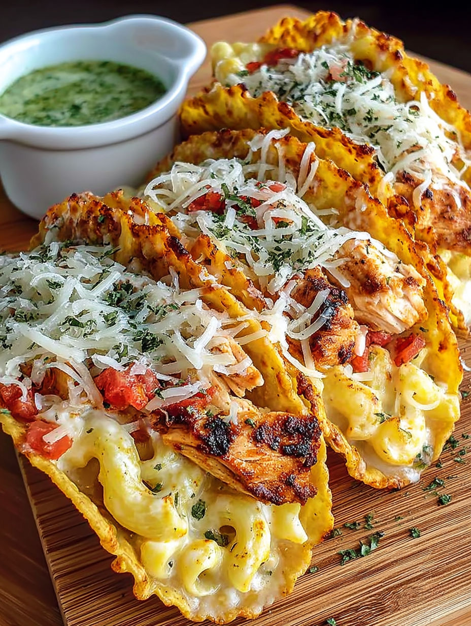 A plate of chicken alfredo tacos.