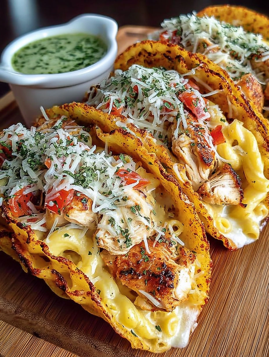 A plate of chicken alfredo tacos.