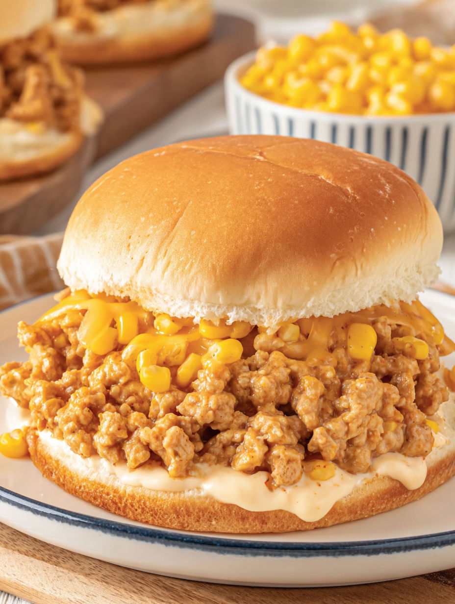 A sandwich with cheese and corn on top.