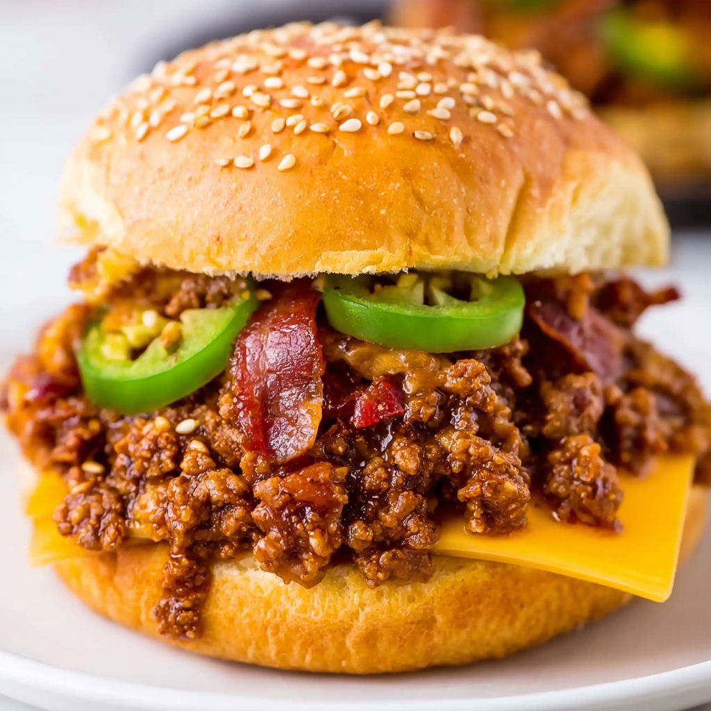 A sloppy joe sandwich with bacon and jalapenos.