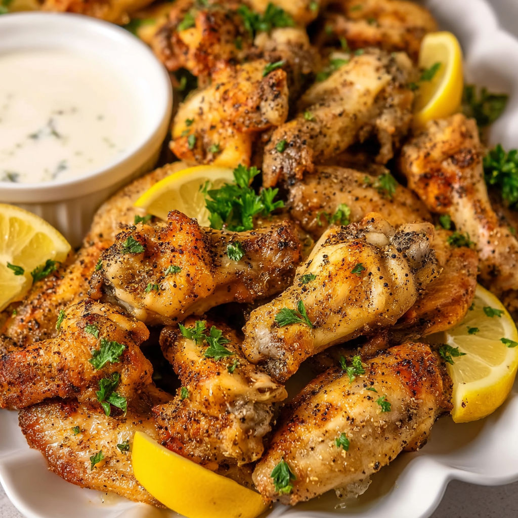 A plate of chicken wings with lemon and pepper seasoning.