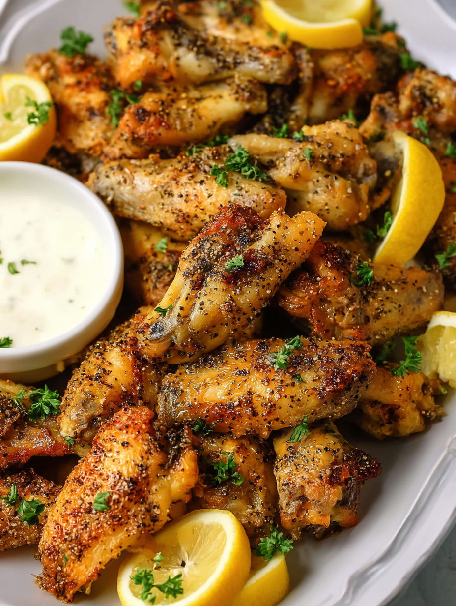 A plate of chicken wings with lemon and pepper seasoning.