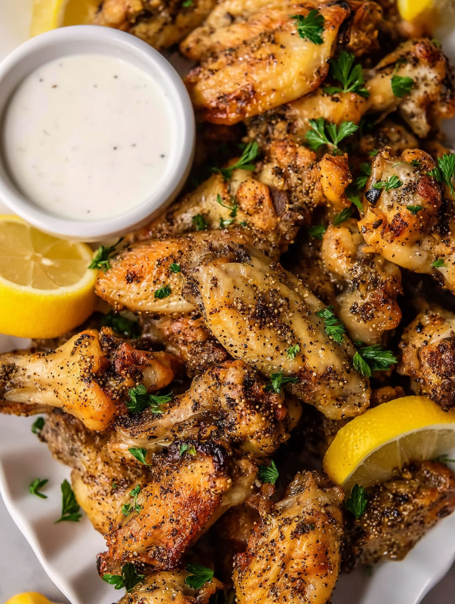 A plate of chicken wings with lemon and pepper seasoning.