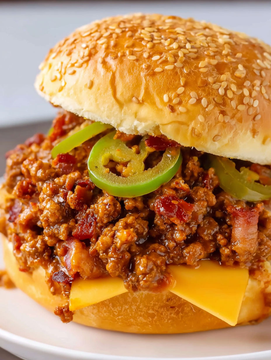 A sloppy joe sandwich with jalapenos and cheese.