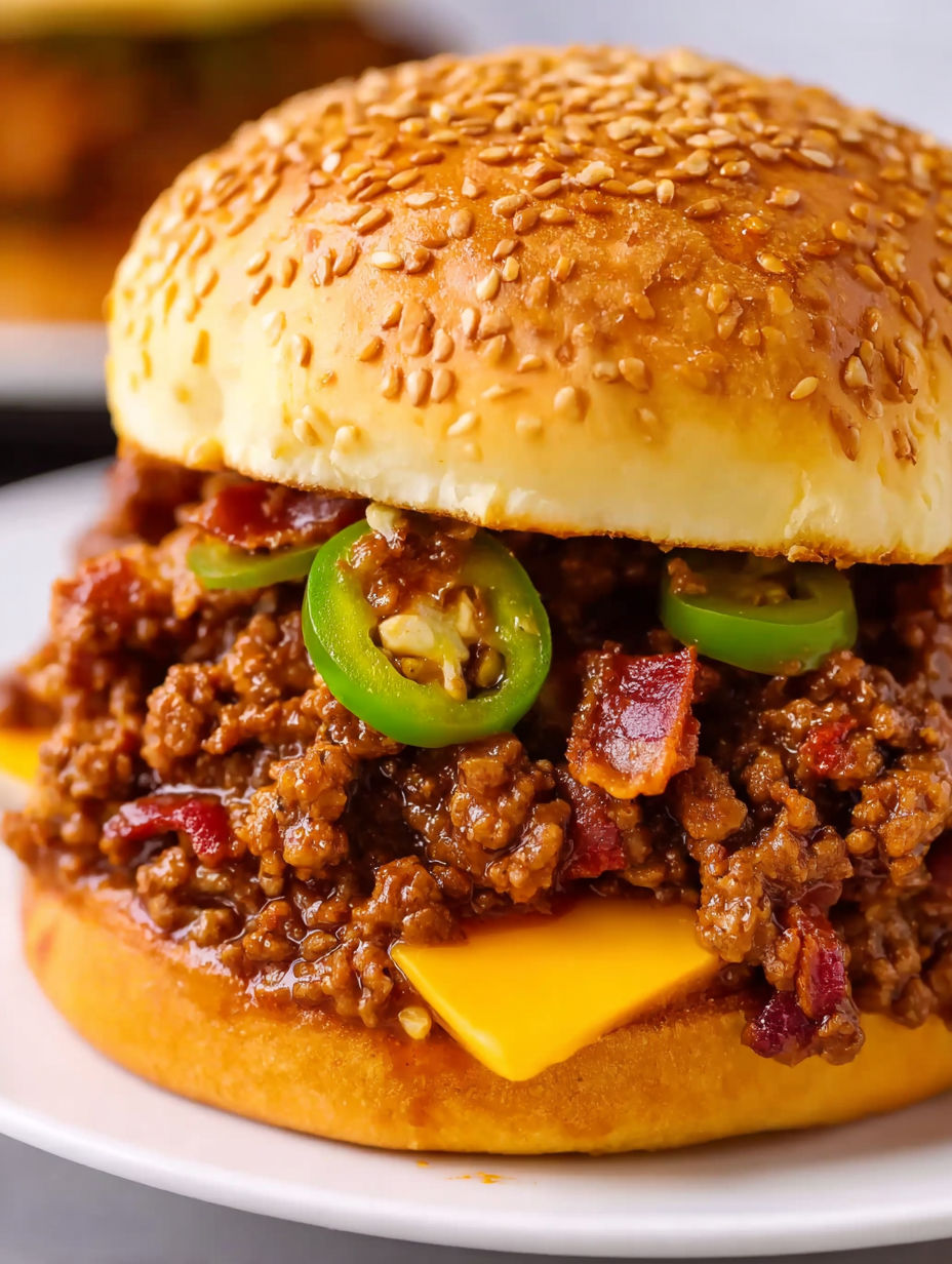 A close up of a sloppy joe sandwich with jalapenos.