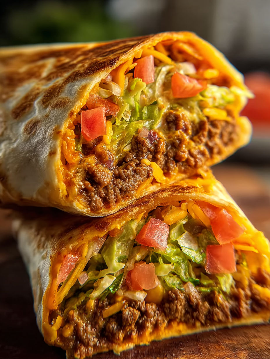 A beefy nacho cheese wrap with tomatoes and lettuce.