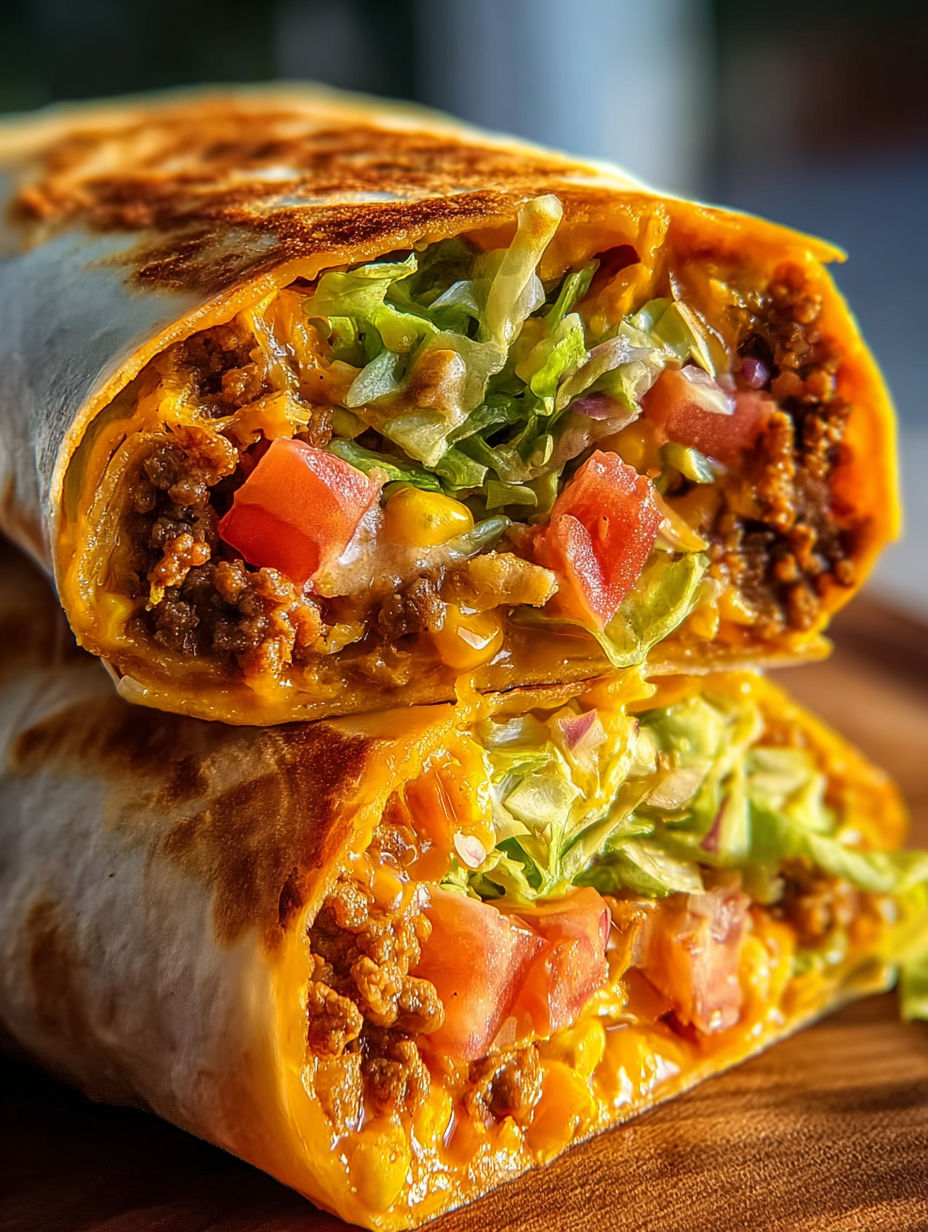 A beefy nacho cheese wrap with lettuce and tomatoes.