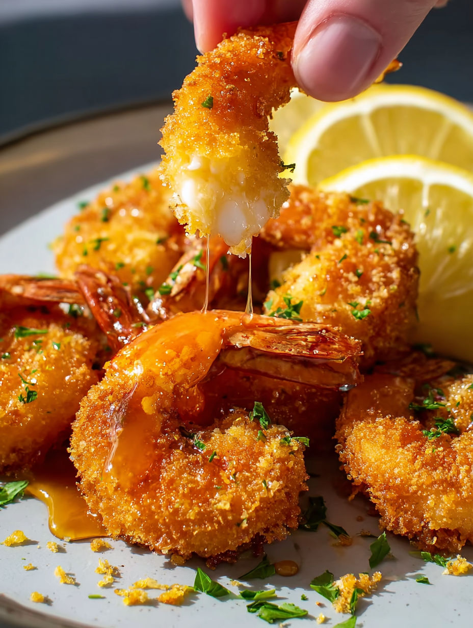 A person is dipping a piece of shrimp into a bowl of honey.