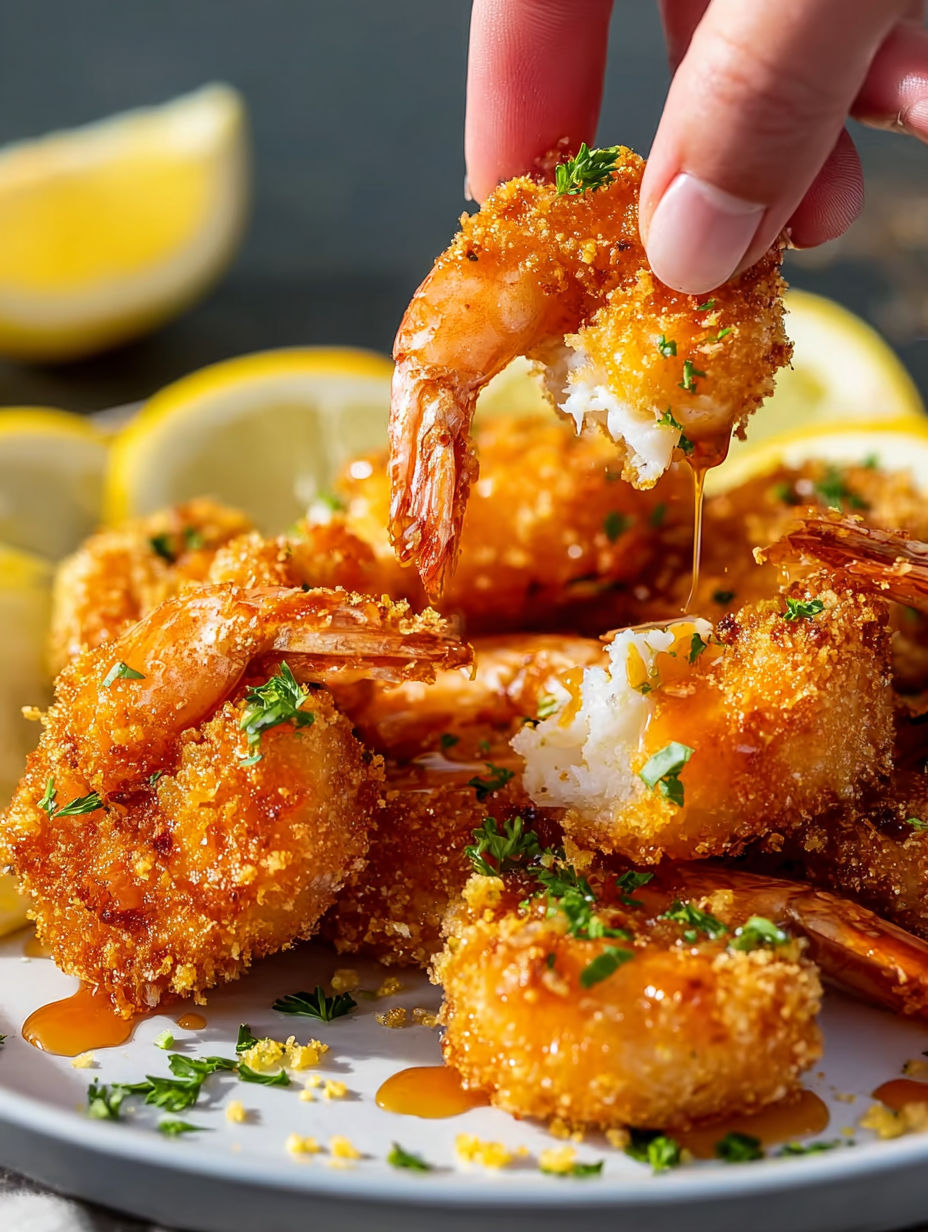 A hand is holding a piece of shrimp with a drizzle of honey and lemon.