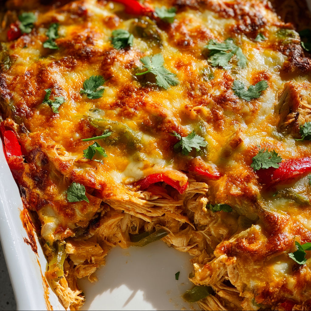 A dish of chicken fajitas casserole.