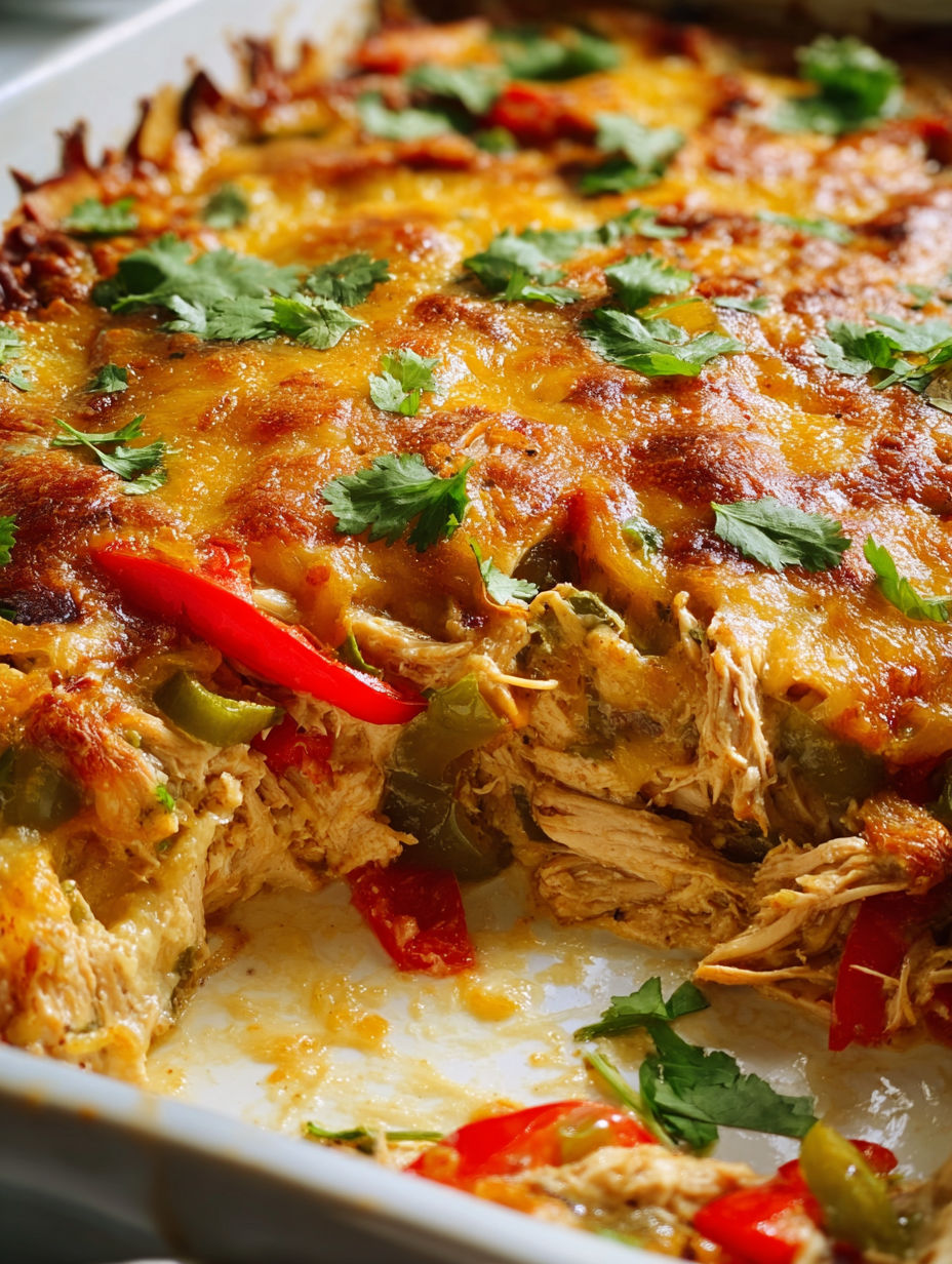 A close up of a delicious chicken fajita casserole.