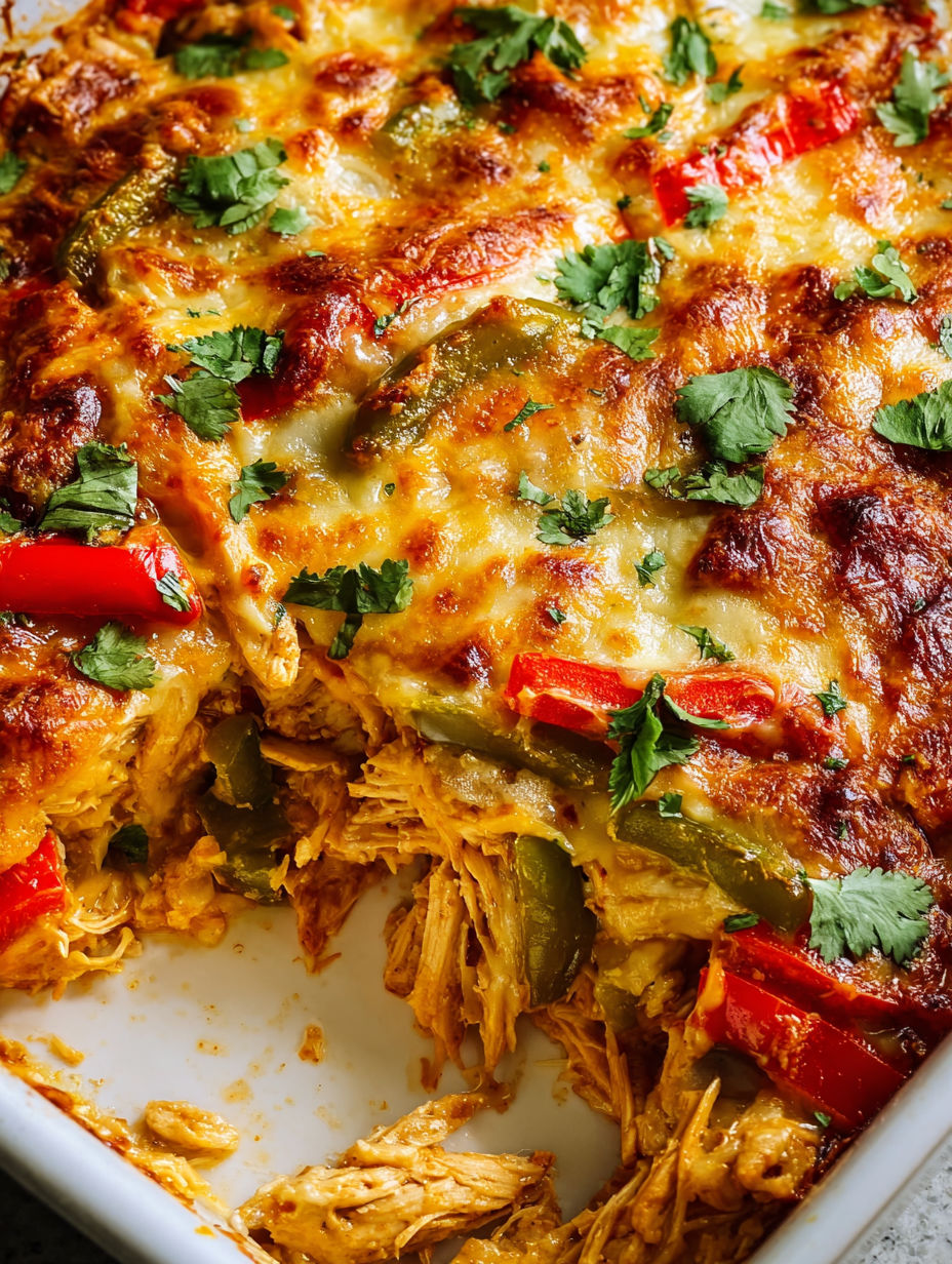 A close up of a delicious chicken fajita casserole.