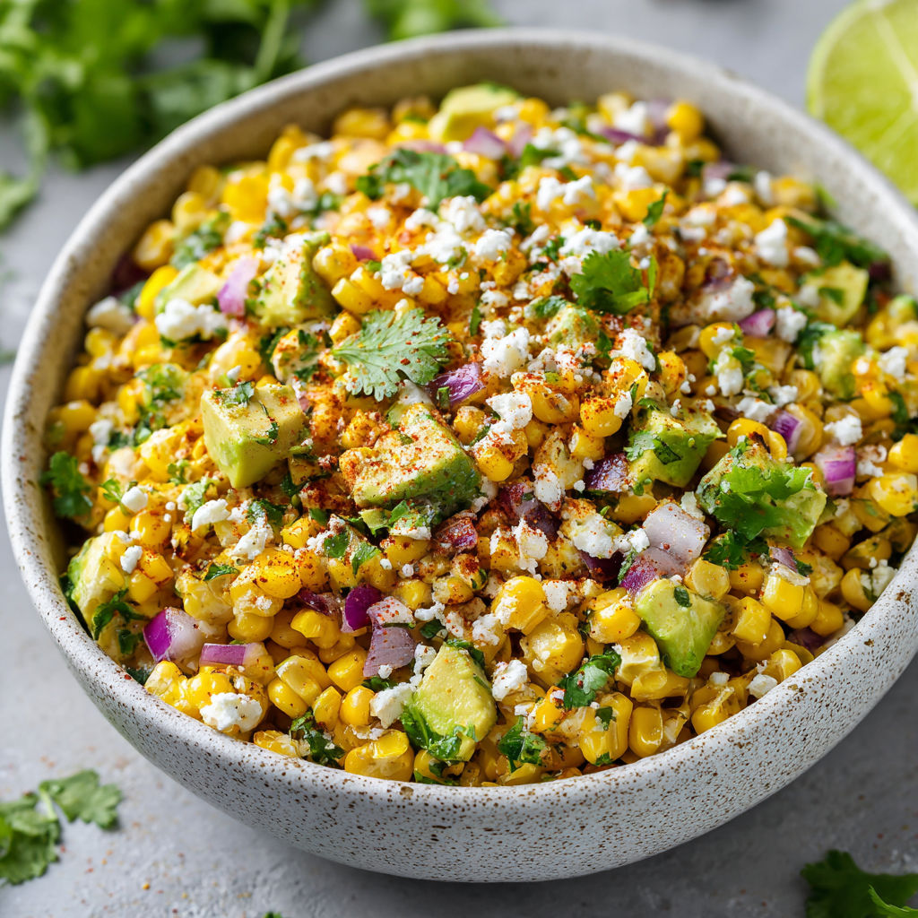 A bowl of Mexican street corn with avocado.
