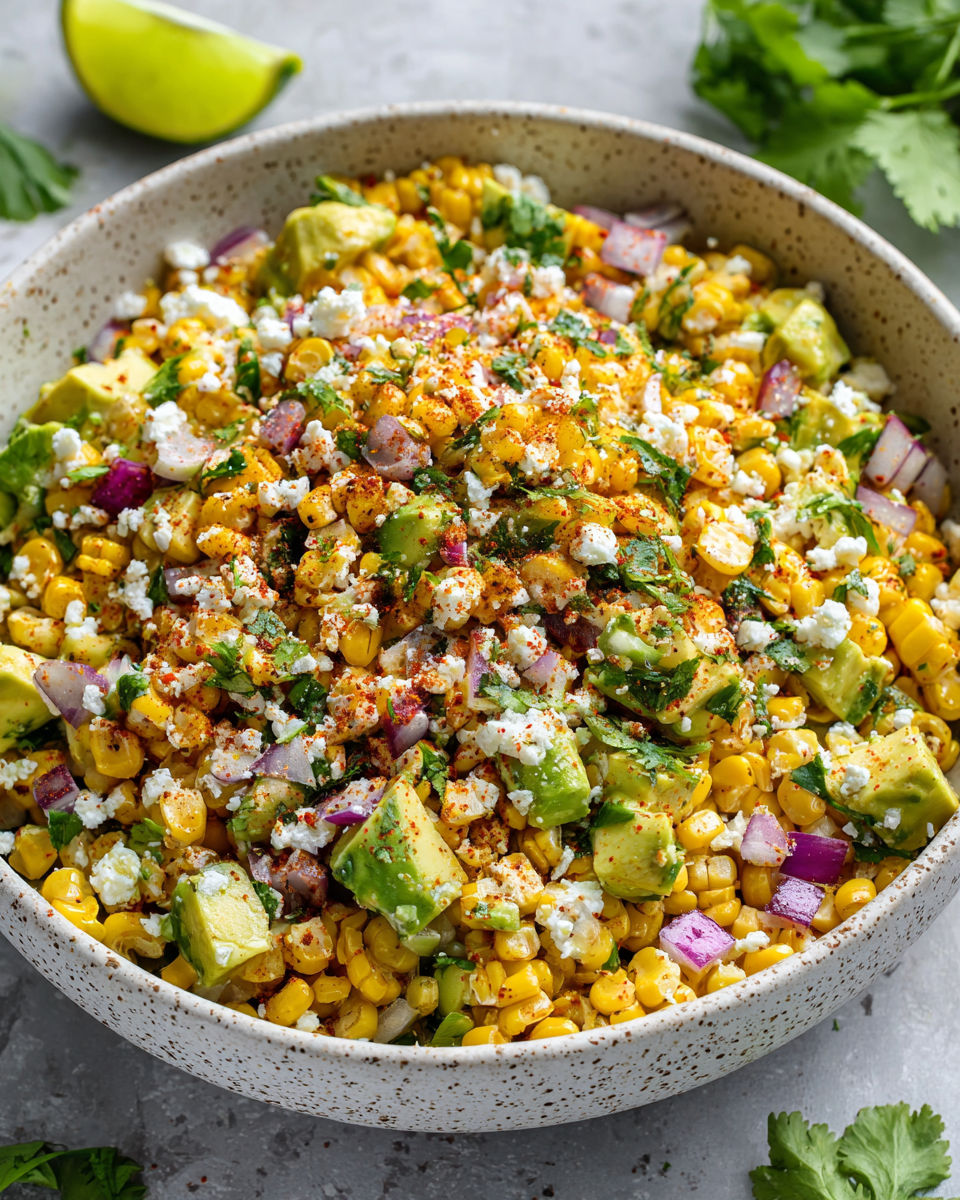A bowl of Mexican street corn avocado.