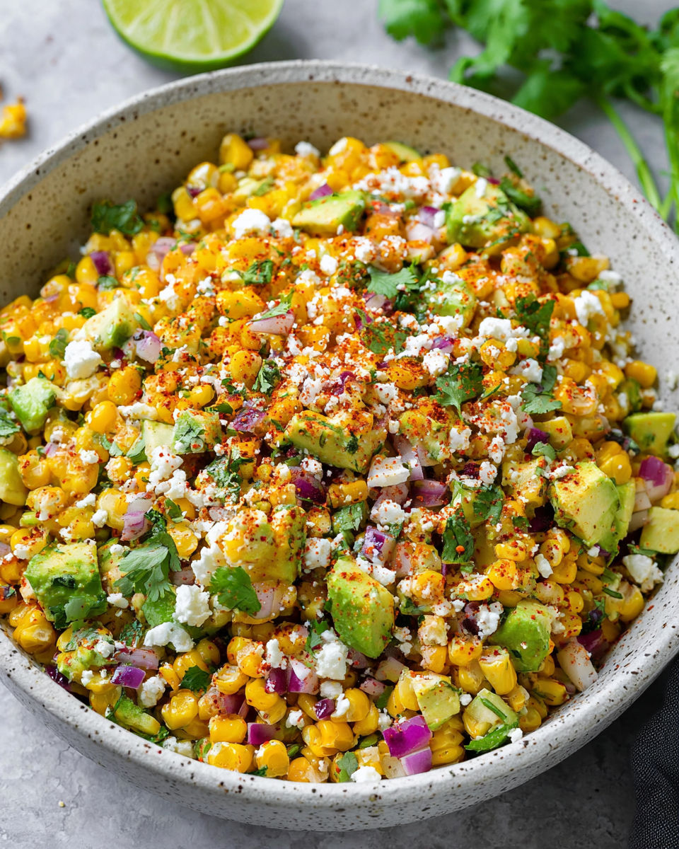 A bowl of Mexican street corn with avocado.