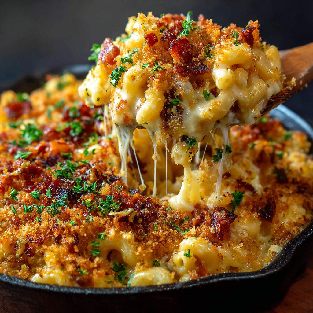 A close up of a delicious bacon beer mac.