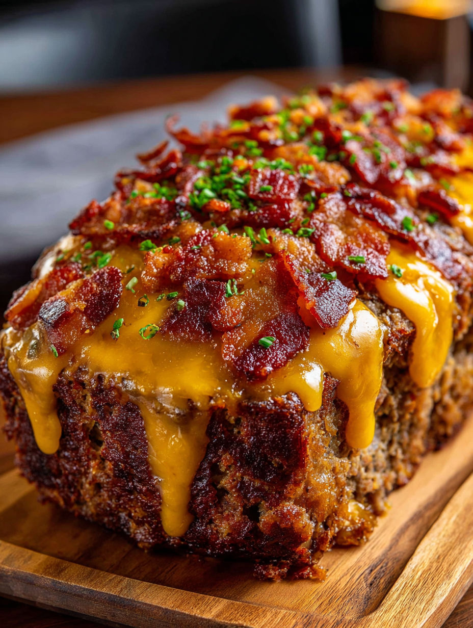 A hearty bacon cheeseburger loaf with cheese and bacon on top.