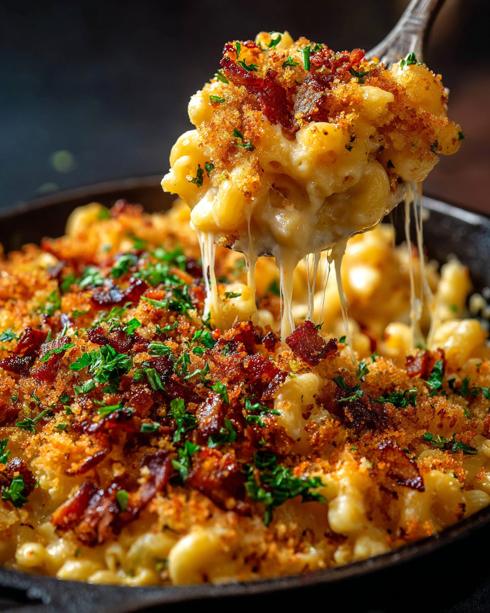 A close up of a plate of macaroni and cheese with bacon.