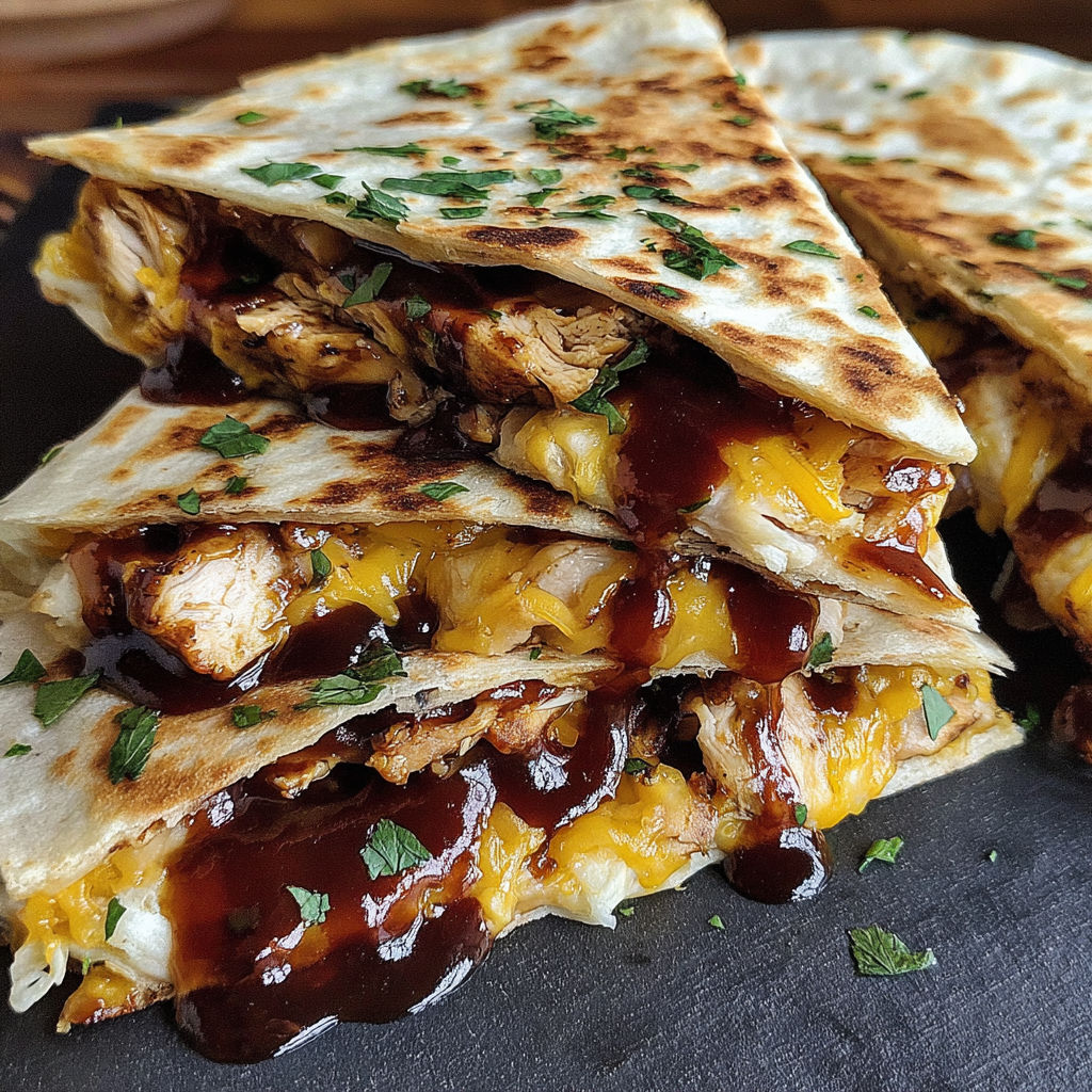 A stack of three quesadillas with BBQ sauce on top.