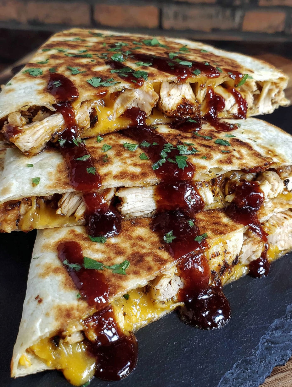 A stack of blackstone hot honey BBQ quesadillas.