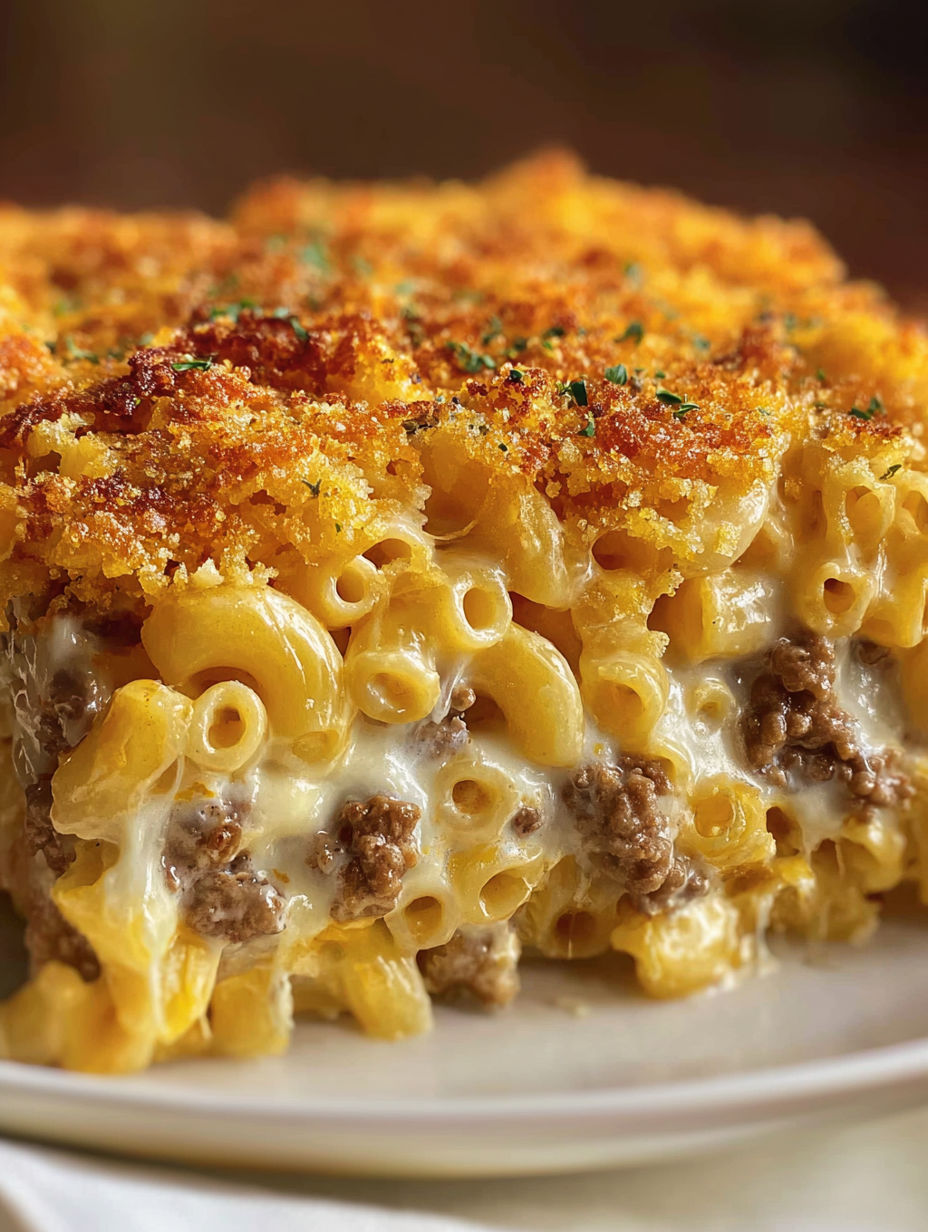 A cheesy macaroni hamburger casserole.