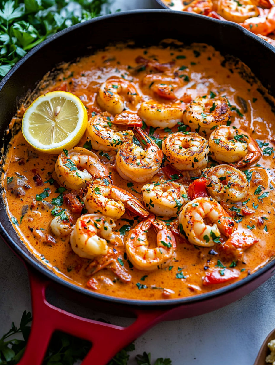 A bowl of shrimp with a lemon wedge on top.