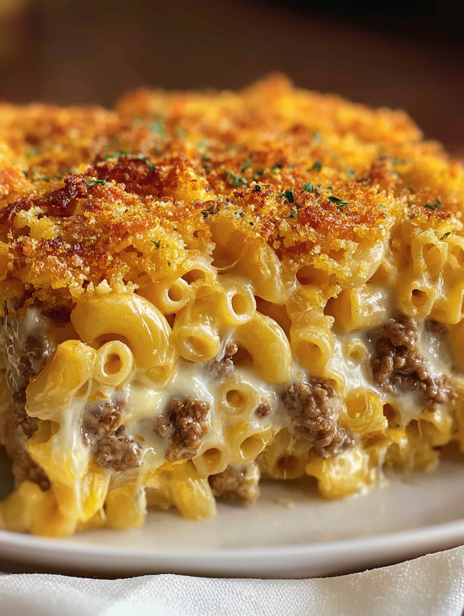 A cheesy macaroni hamburger casserole.