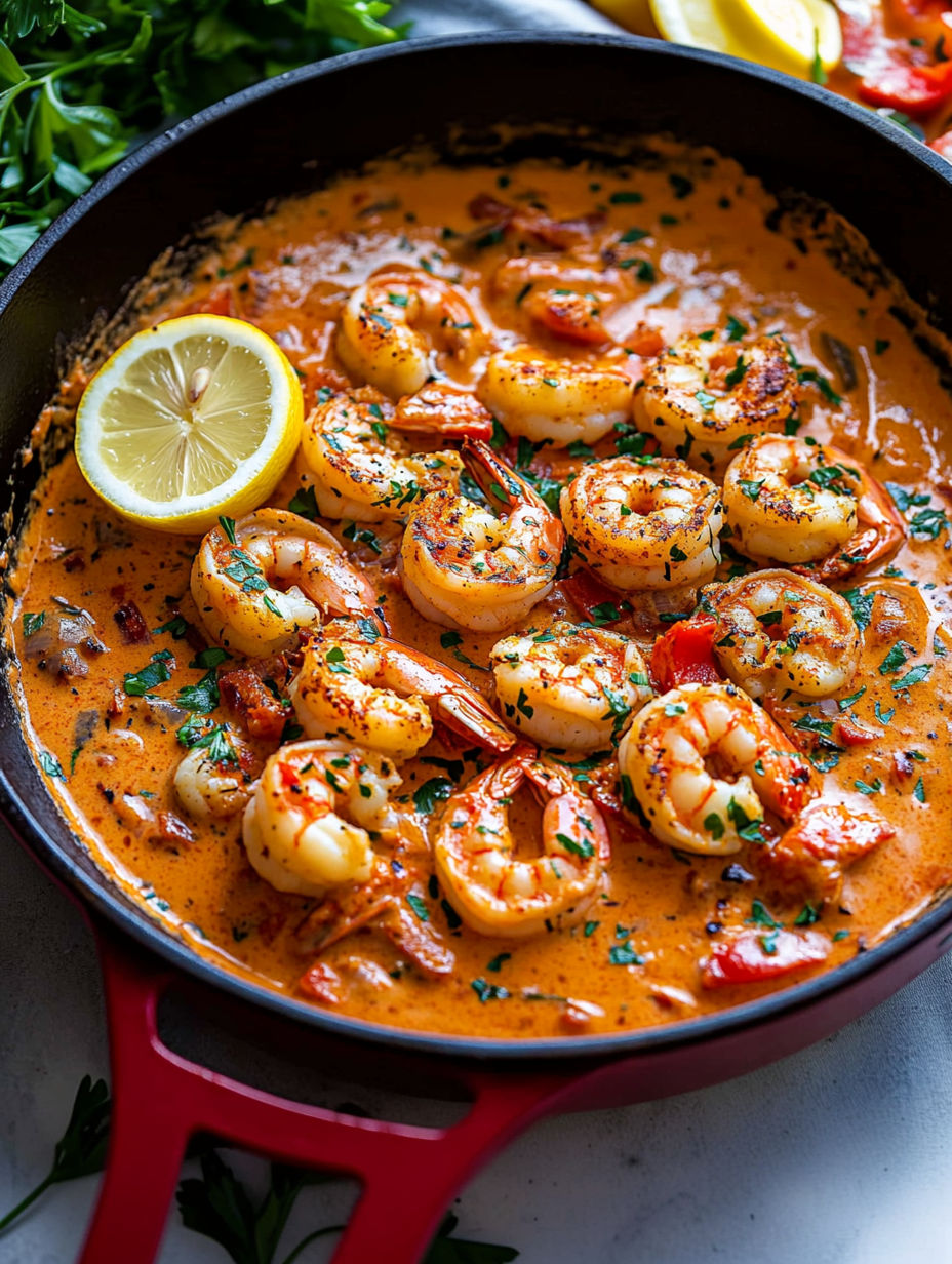 A bowl of shrimp with a lemon wedge on top.