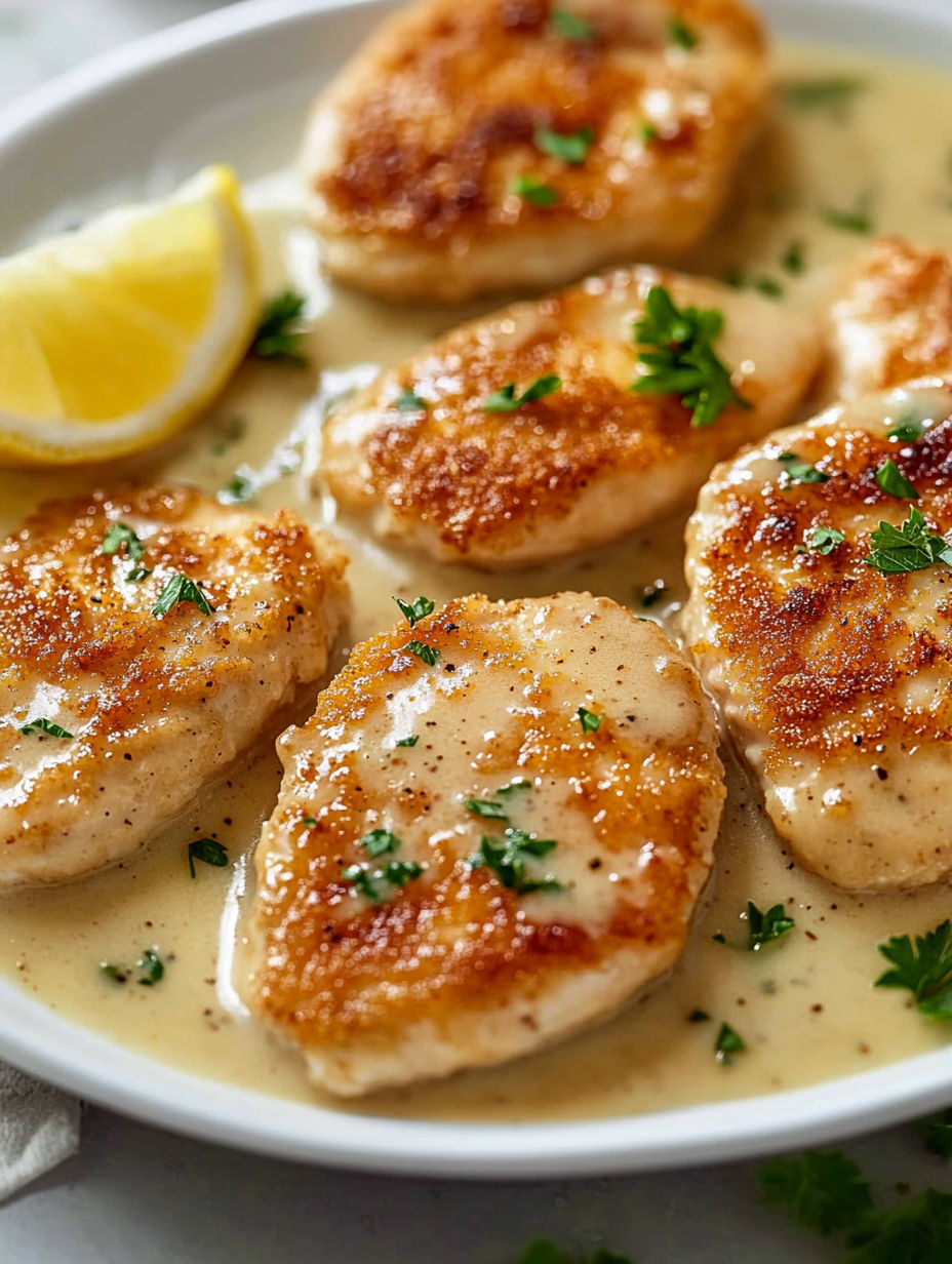 A plate of chicken scallopini with lemon wedges on top.